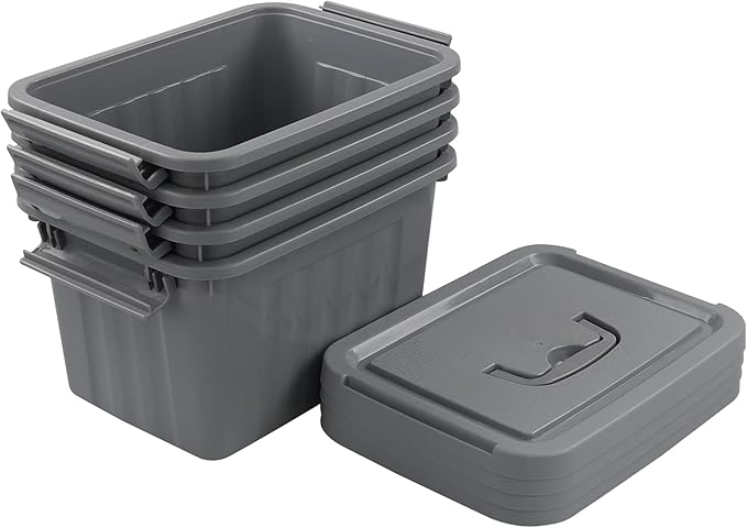 4-Pack Totes for Storage with Lids, Heavy Duty Plastic Storage Bins with Handle, Gray, 6.5 Quart, Stackable, Nestable