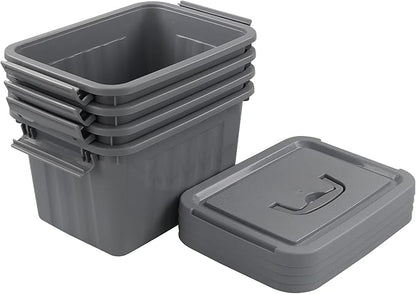 4-Pack Totes for Storage with Lids, Heavy Duty Plastic Storage Bins with Handle, Gray, 6.5 Quart, Stackable, Nestable