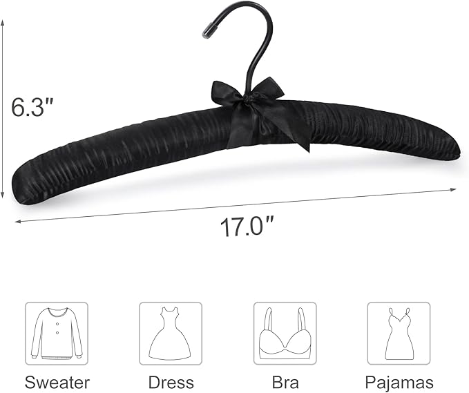 TOPIA HANGER Padded Hangers for Women Clothing,17-inch Satin Hangers 10 Pack Thick Foam Padded No Shoulder Bump for Sweaters, Coat, Blouses, Dresses-Black, CT18B-10