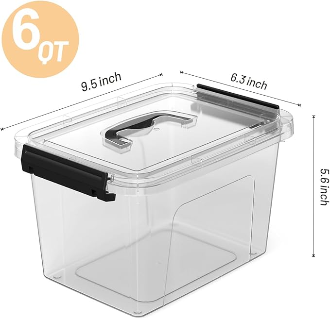 Stackable Clear Storage Bins with Latching Lids, 6-Quart (5-Pack) - Durable Plastic Organizing Containers with Handles for Home, Office, Closet & Pantry Organization