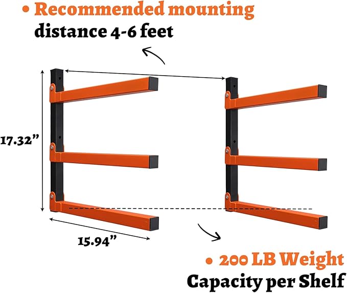 HOME RIGHT 2 Pack Lumber Rack,Wood Organizer and Lumber Storage Rack Wall Mount with 3-Level,Orange Heavy Duty Metal Wood Storage Racks for Indoor and Outdoor