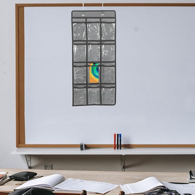 Tofficu 12-Pocket Wall Hanging Jewelry Organizer and Cell Phone Holder with Clear PVC Pockets and Metal Hooks Space-Saving Storage for Classroom Office and Home 26 X 12 Inches