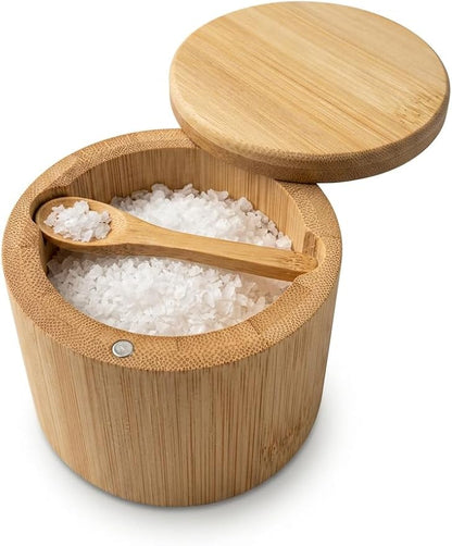 Salt Cellar with Magnetic Swivel Lid and Spoon – Bamboo Salt Box for Countertop, 6 oz Wooden Salt Container | Stores Sea Salt, Kosher Salt, Spices, Pepper & Sugar | Housewarming Gift for Home Cooks