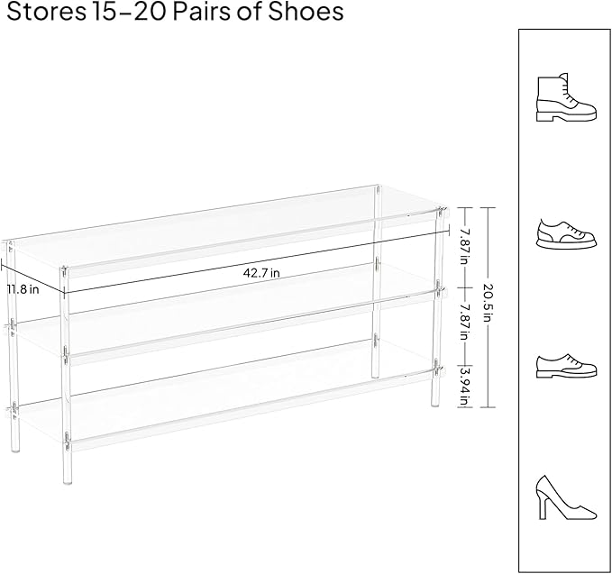 Aquiver Acrylic 3-Tier Long Shoe Rack - Clear Wide Shoe Rack for Closet - Entryway Shoe Storage Organizer - 42.7'‘ L x 11.8'' W x 20.5'' H, Easy Assembly & Clean