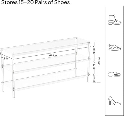 Aquiver Acrylic 3-Tier Long Shoe Rack - Clear Wide Shoe Rack for Closet - Entryway Shoe Storage Organizer - 42.7'‘ L x 11.8'' W x 20.5'' H, Easy Assembly & Clean