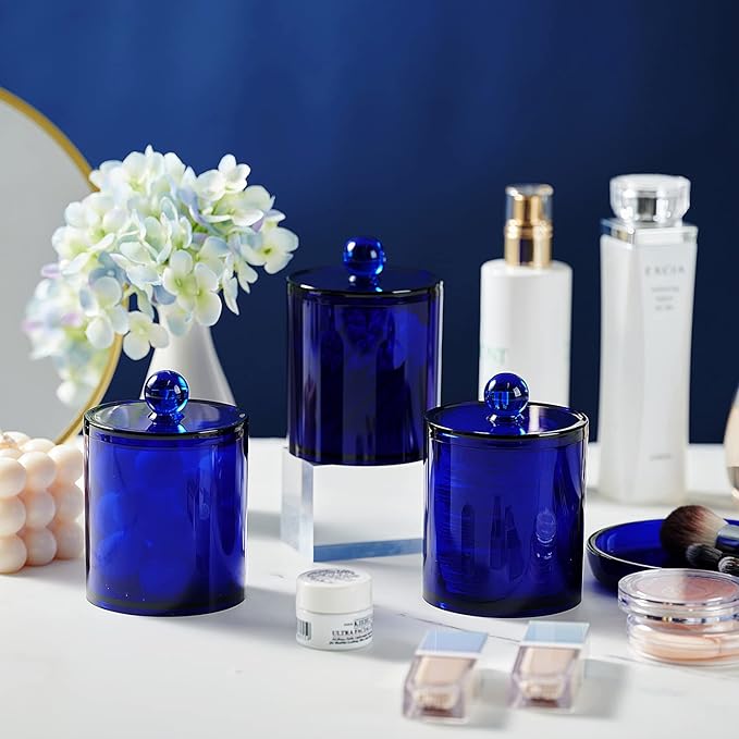 SheeChung 6-Pack Blue Acrylic Apothecary Jars - (3) 12oz & (3) 10oz Qtip Holder Set with Labels - Shatterproof Bathroom Vanity Organizer for Cotton Swabs, Balls, Pads - Coastal Decor
