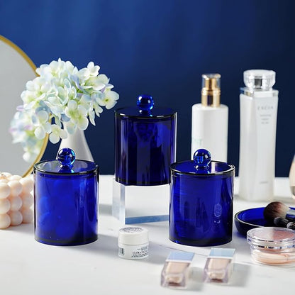 SheeChung 6-Pack Blue Acrylic Apothecary Jars - (3) 12oz & (3) 10oz Qtip Holder Set with Labels - Shatterproof Bathroom Vanity Organizer for Cotton Swabs, Balls, Pads - Coastal Decor