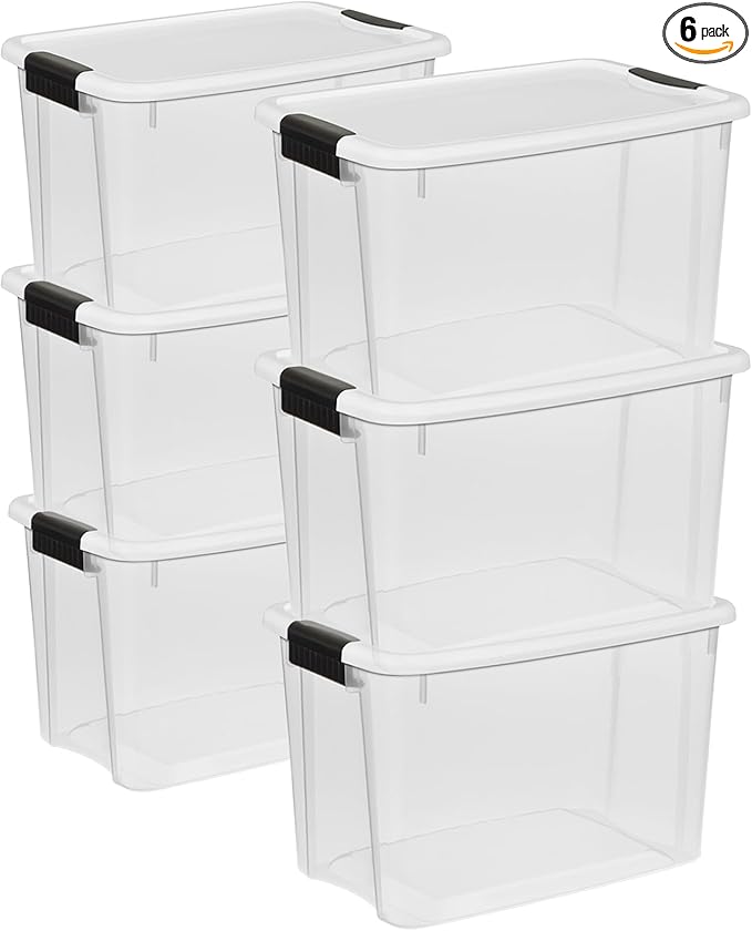 Sterilite 6-Pack 30 Quart Ultra Latch Box, Clear Storage Organizer Bins with Latching Lids - Stackable Plastic Containers for Home Organization in Garage, Attic, Basement, and Closet