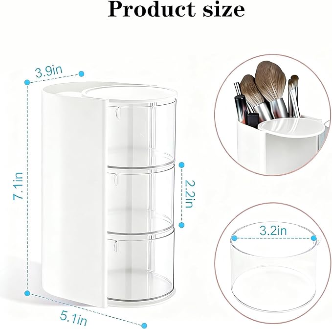 Rotating Hair Accessories Organizer & Makeup Brush Holder - 3-Tier Jewelry Storage Box for Earrings, Necklaces, Bracelets, Rings, Hair Clips (White)