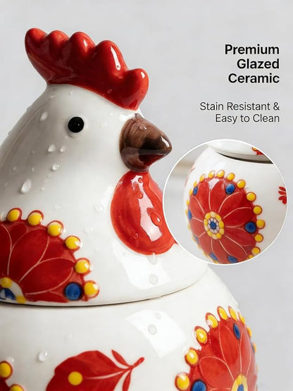 Ceramic Salt Cellar with Lid and Spoon 13oz Large Chicken Rooster Cookie Jar Salt Containers Holder for Counter, Coffee, Sugar, Spices and Candies Holder Ideal for Easter Day Home Kitchen Decor (Red)