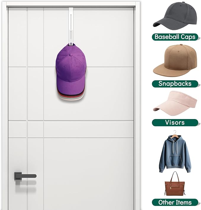 Over The Door Hat Organizer - Premium 2-in-1 Expandable Hat Hanger with Rotating Hooks for Baseball Caps - Heavy Duty Hat Rack for Closet Bedroom Travel, Space Saving, No Drilling - White