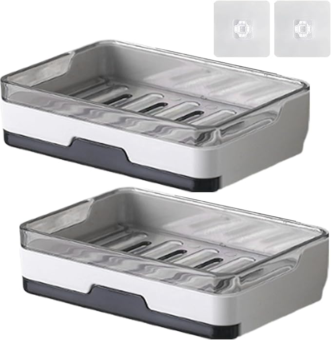 2 pcs Self Adhesive Soap Dish with Drawer-Type Drip Tray and 2 No-Trace Adhesive Pad, Wall Mounted Soap Holder Shower Sink Bar Soap Sponge Holder Tray Rack(White)