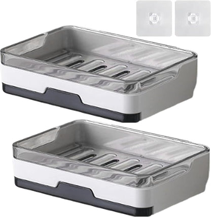 2 pcs Self Adhesive Soap Dish with Drawer-Type Drip Tray and 2 No-Trace Adhesive Pad, Wall Mounted Soap Holder Shower Sink Bar Soap Sponge Holder Tray Rack(White)