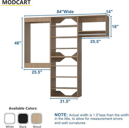 Modular Closet Organizer, 84" Wide Tower System with Hanging, Wooden Closet Storage for Walk-In and Bedroom, Wall-Mounted Wardrobe Organizer Kit