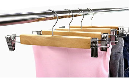 10-Pack Natural Finish Wooden Pant Skirt Hangers with 2-Adjustable Anti-Rust Clips