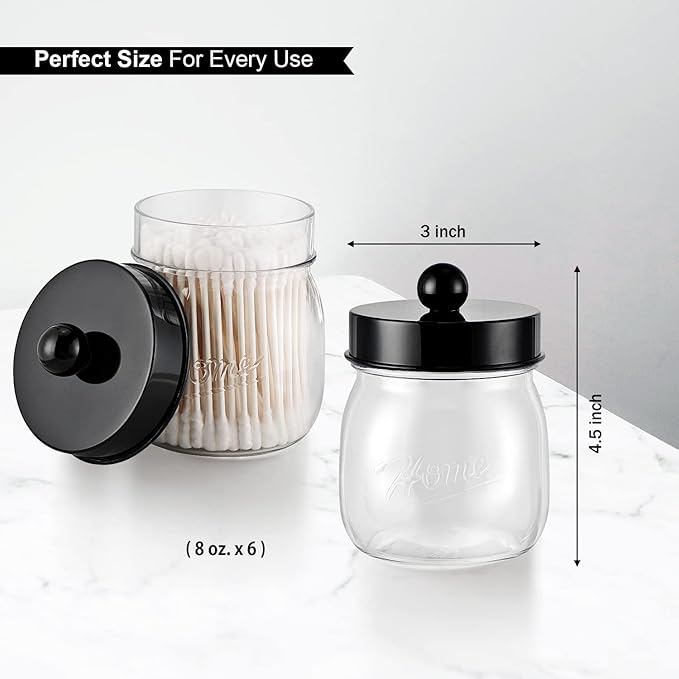 6 Pack Qtip Holder Bathroom Set, SheeChung Plastic Mason Jar Apothecary Jar Set for Bathroom Vanity Storage Organizer, Farmhouse/Home Decor, 12 Labels (Black)
