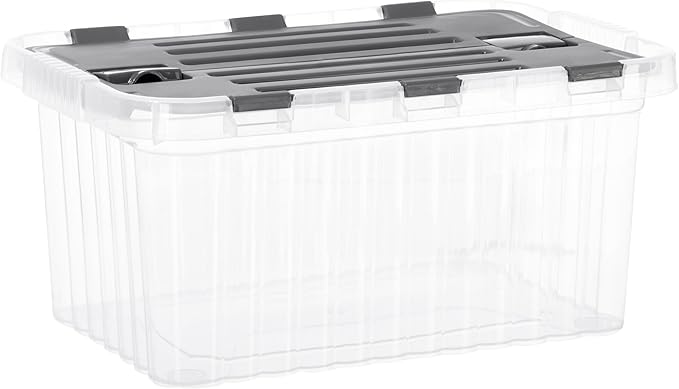 Superio Storage Box with Hinged Lids, Plastic Container Bins for Organizing with Attached Lid, Stackable Crates, BPA Free, Organizers for Home and Dorm, 10.5 Quart (Clear with Grey Lids, 15"x10"x7")
