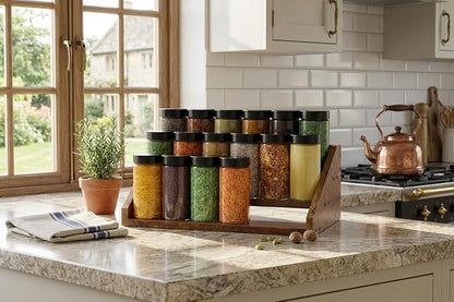 3 Tier Wood Spice Rack Organizer for Cabinet, Super Sturdy Display Riser Shelf Seasoning Organizer for Countertop Pantry Cupboard, Retro Storage Holder for Kitchen Condiment Jar Spice Container