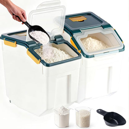 RUIAN 2Pcs Large Flour Storage Container Bin 50Lb Airtight Rice Storage Containers with Wheels Seal Locking Lid, BPA Free with Measuring Cup&Scoop for Flour, Rice, Grain 100LBS Total (Blue)