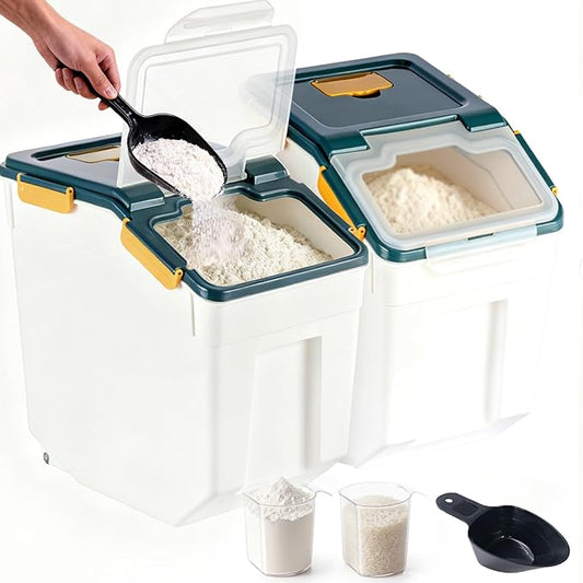 RUIAN 2Pcs Large Flour Storage Container Bin 50Lb Airtight Rice Storage Containers with Wheels Seal Locking Lid, BPA Free with Measuring Cup&Scoop for Flour, Rice, Grain 100LBS Total (Blue)