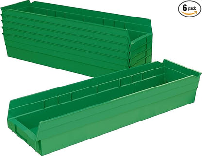 Akro-Mils 30164 Plastic Shelf Bins, Heavy Duty Storage Bins for Garage, Closet, and Drawer Organization, 24-Inch x 6-1/2-Inch x 4-Inch, Green, 6-Pack