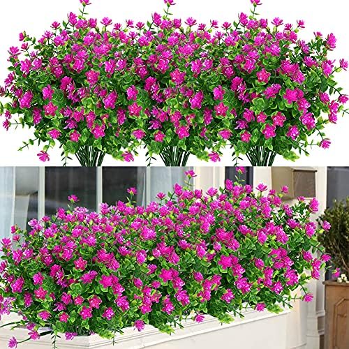 12 Bundles Outdoor Artificial Flowers UV Resistant Fake Boxwood Plants, Faux Greenery for Indoor Outside Hanging Plants Garden Porch Window Box Home Wedding Farmhouse Décor (Magenta) by ArtBloom