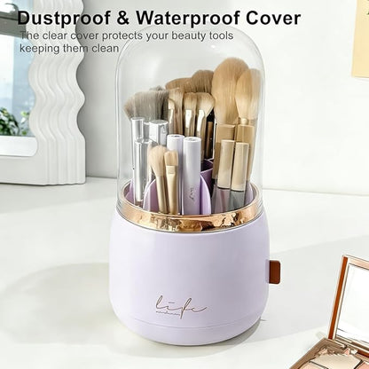 360 Rotating Makeup Brush Holder with Lid Clear Dustproof Make Up Organizers for Vanity Countertop Includes a Foldable Bowl for Cleaning Makeup Brush,Transparent, Dustproof-Purple