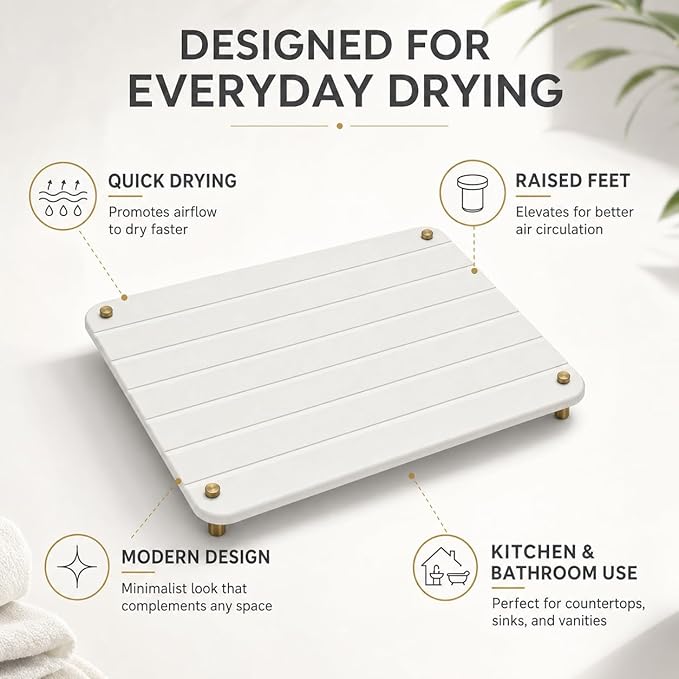 Razborci Stone Dish Drying Mat for Kitchen Counter, Water Absorbing Bathroom Tray Sink Organizer, Diatomaceous Earth Countertop Dish Rack Riser Sponge Holder Soap Dish, Gold White, 16" x 12"