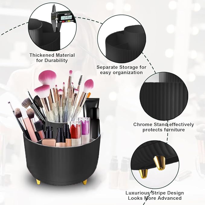 WILL OAK Makeup Brush Organizer - Large Compartment Cosmetic Organizer -Eyeliner, Nail Polish,Art Supply, Bathroom Vanity Desktop Organizer (Black)