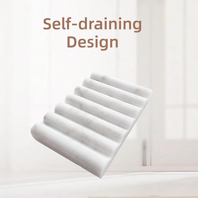 White Marble Soap Dish, Stone Self Draining Soap Holder, Sponge Holder for Bathroom, Sink, Kitchen, Jewelry Ring Dish (Carrara White)