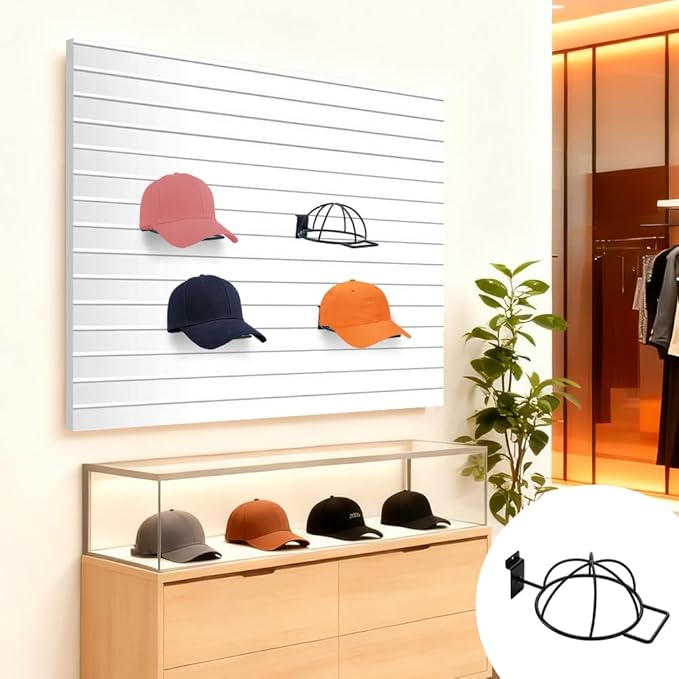 AHANDMAKER 6 Pcs Slat Wall Hat Display Rack Wall Mounted Durable Metal Hat Organizer Accessories for Baseball Caps Wigs Retail Store Warehouse Display Decoration, Black