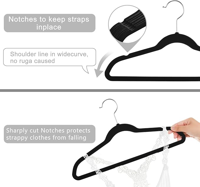 MIZGI Kids Velvet Hangers,Non-Slip Big Kids Hangers,14 Inch Hangers for Youth,Teen Clothes,Pack of 50（Black/Silver）