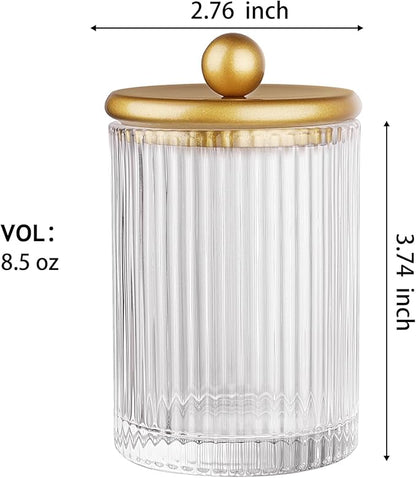 SheeChung 1-Pack Gold Ribbed Glass Qtip Holder - Apothecary Jar Bathroom Organizer with Metal Lid - Small Vanity Canister for Cotton Swabs, Rounds, Floss Picks - Modern Luxury Decor