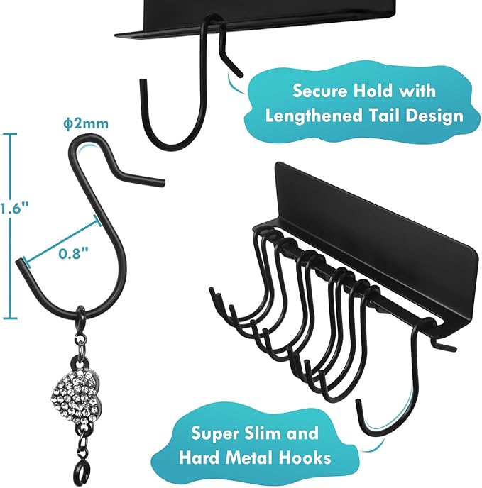 Magnetic & Adhesive Hanging Jewelry Organizers, 4 Pack Small Metal Display Holders of Racks and S Hangers for Necklace Earring Ring Bracelet, Tiny Earring Shelf Mount on Wall Mirror Cabinet Pegboard