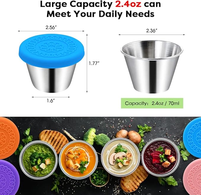 6Pack 2.4oz Salad Dressing Container To Go, Small Stainless Steel Condiment Containers with Silicone Lids, Leakproof Reusable Dipping Sauce Cups for Lunch Box