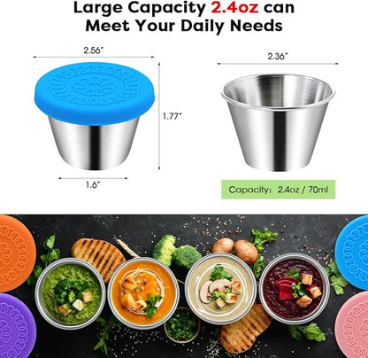 6Pack 2.4oz Salad Dressing Container To Go, Small Stainless Steel Condiment Containers with Silicone Lids, Leakproof Reusable Dipping Sauce Cups for Lunch Box