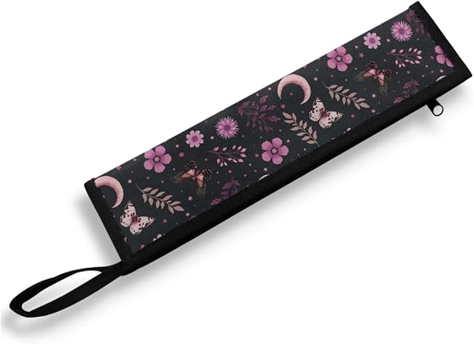 COEQINE Black Utensil Holder Case for Fork Spoon Knife Organizer,Pink Buttterfly Moon Leafproof Travel Spoon Case With Handles Machine Washable Portable Cutlery With Zipper