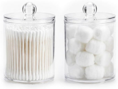 novelinks Acrylic Plastic Qtip Holder Dispenser, Apothecary Jar Canister Set with Lids for Cotton Swabs, Balls, Round Pads & Floss Picks - Bathroom Vanity Makeup Storage Container (Clear, 2 Pack)