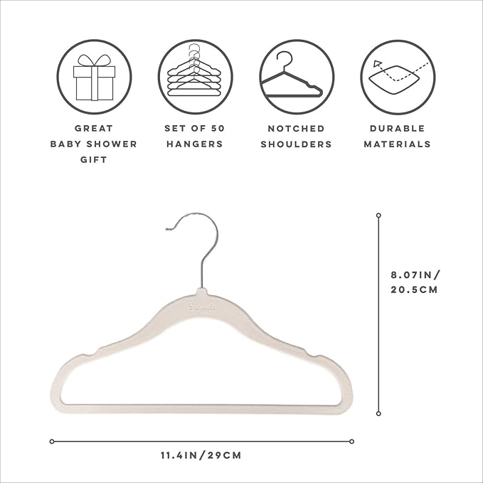 3 Sprouts Velvet Baby Hangers - Non-Slip Hangers for Infant and Toddler Clothes - Slim Space-Saving Design with Nordic Colors for Nursery - 50 Pack- Cream