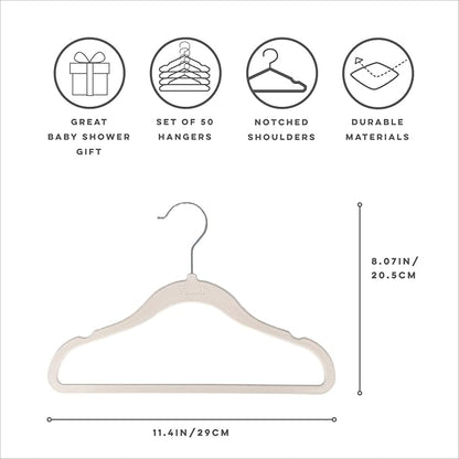 3 Sprouts Velvet Baby Hangers - Non-Slip Hangers for Infant and Toddler Clothes - Slim Space-Saving Design with Nordic Colors for Nursery - 50 Pack- Cream