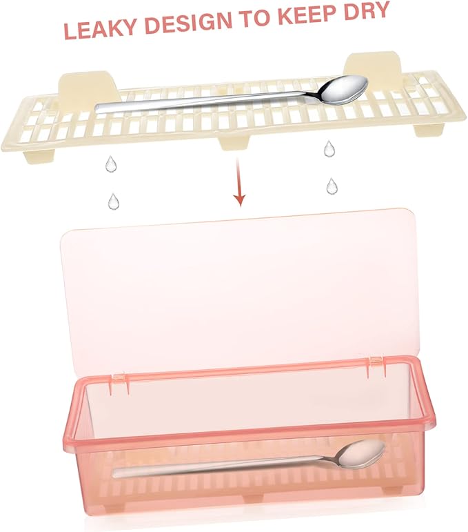 DOITOOL Spoon Organizer 2 Pcs Flatware Tray with Lid and Drainer- Black and Pink Transparent Plastic Silverware Holder- proof Silverware Tray for Drawer for Home Kitchen Accessories