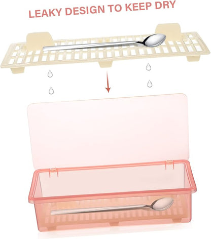 DOITOOL Spoon Organizer 2 Pcs Flatware Tray with Lid and Drainer- Black and Pink Transparent Plastic Silverware Holder- proof Silverware Tray for Drawer for Home Kitchen Accessories