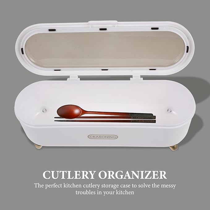 Hemoton Storage Drawers 2pcs Flatware Tray with Lids - Plastic Cutlery Storage Box Kitchen Cutlery Utensil Drawer Organizer with Cover Silverware Countertop Storage Containers (White) Desktop Stand
