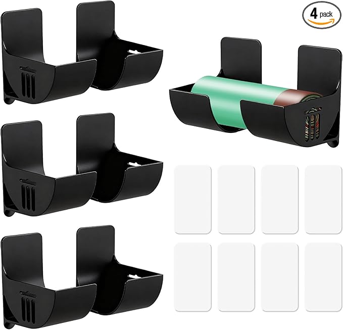 4 Pairs Bin Bag Holder Self-Adhesive Foil Holder Wall Mounted Plastic bag Holders Cupboard Door Storage Organiser No Punching Garbage Bag Dispenser for Tin Foil,Cling Film,Trash (Black)