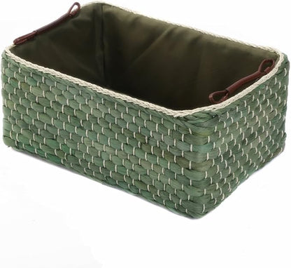 Basket Woven Maize Straw Storage with Handle, Kingwillow(Rectangular,Green Small:12.60"Lx8.66"Wx5.51"H)