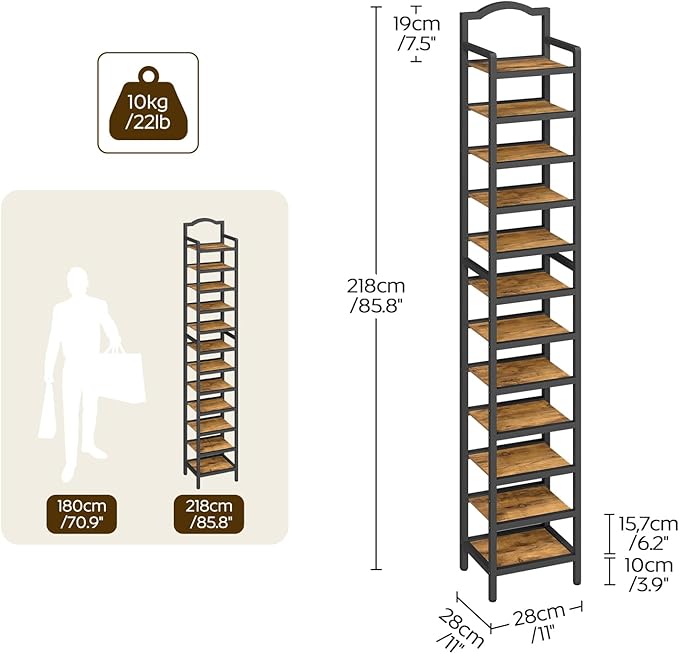 YATINEY 12-Tier Tall Shoe Rack, Vertical Shoe Organizer for Small Spaces, Wooden Shoe Shelf for Entryway, Space Saving Shoe Storage, Holds 12 Pairs of Shoes, Rustic Brown and Black SS52BR