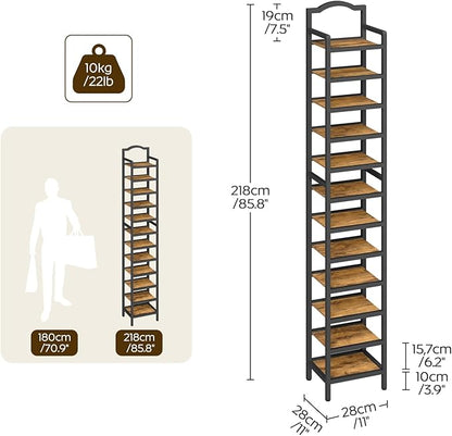YATINEY 12-Tier Tall Shoe Rack, Vertical Shoe Organizer for Small Spaces, Wooden Shoe Shelf for Entryway, Space Saving Shoe Storage, Holds 12 Pairs of Shoes, Rustic Brown and Black SS52BR