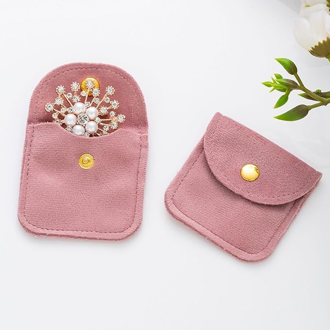 Velvet Jewelry Pouch, Pink, Gold Snap Closure, Small Travel Storage Case（10 Pack 3 * 3）