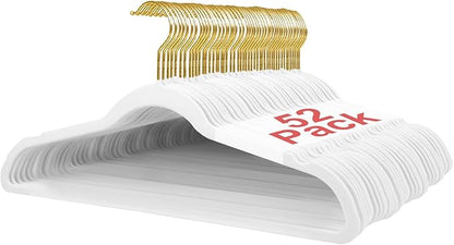52 Packs Velvet Clothes Hangers, 17.3 Inches Non-Slip Skirt Hangers with Shoulder Notches, Space Saving Clothing Hangers for Adults, White with Gold Hook