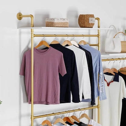 Industrial Pipe Clothing Rack Wall Mounted, Heavy Duty Hanging Clothes Rack Clothing Store Display Stands Garment Rack Closet System, 2 Tier Wood Garment Rack (Gold, 96.5x80.7inch)